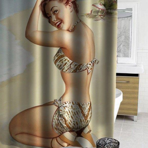 Shower curtain with girl in bikini